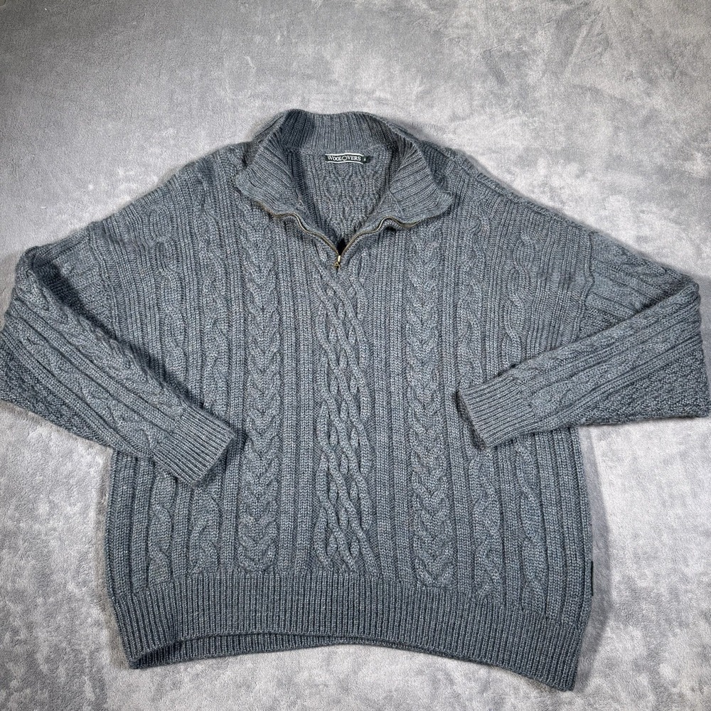 Woolovers‎ Cable Knit Fisherman's Sweater  Men's Size XL Green Aqua Wool 1/4 Zip